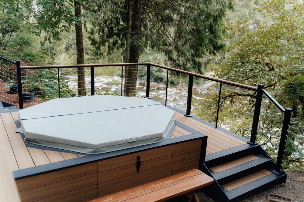 Hot Tub Deck & Cable Railing built by our crew in Southwest Portland